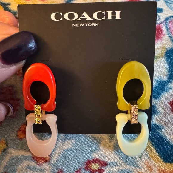 Coach Earrings NWT’s 4 color resin posts connected by pink and green rhinestones - Picture 1 of 6